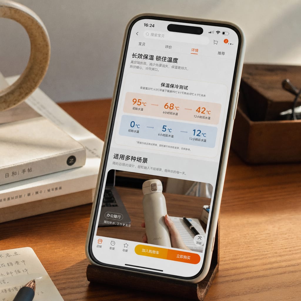 A vertical phone held in soft window light, the screen showing a JD product detail page scrolled to the long-scroll description, an infographic module and a usage-scene module stacked down the page above the JD app navigation bar.