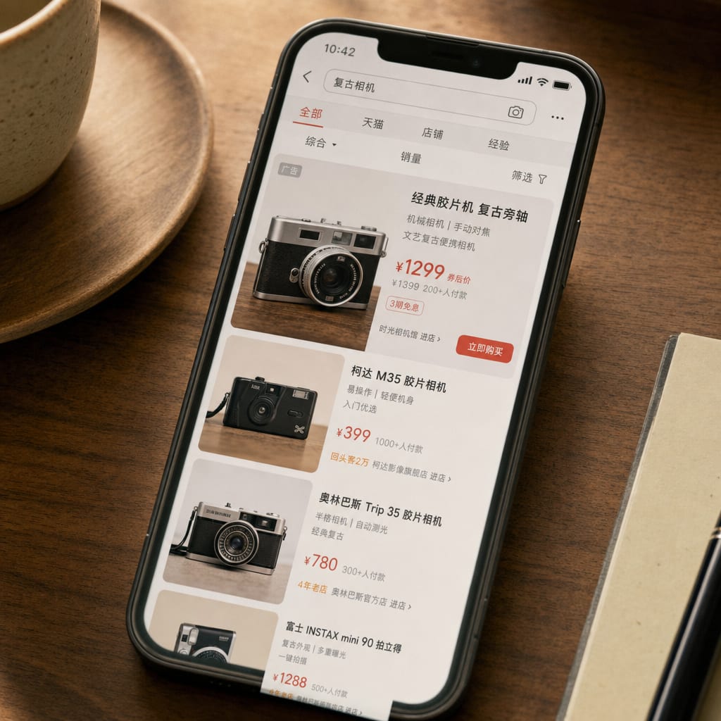 A phone screen showing JD search results, a Kuaiche sponsored product card at the top of the list with a small gray ad label, a product image, a red price and a buy button.