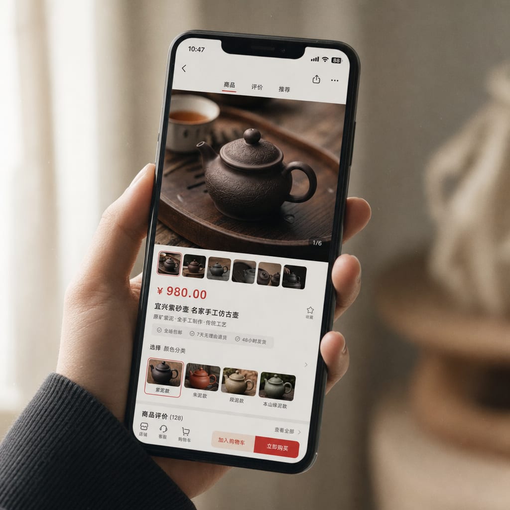 A phone held vertically, the screen showing a JD product detail page with the large main image at the top, the red price block beneath it and a row of SKU swatch thumbnails along the lower interface.