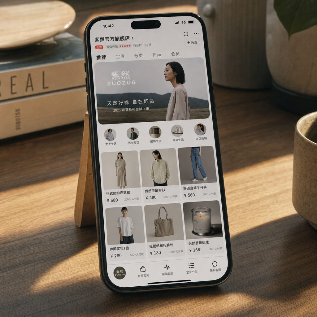 A phone screen displaying a JD flagship store homepage, a wide brand banner above a row of category tabs and a grid of shoppable product tiles.
