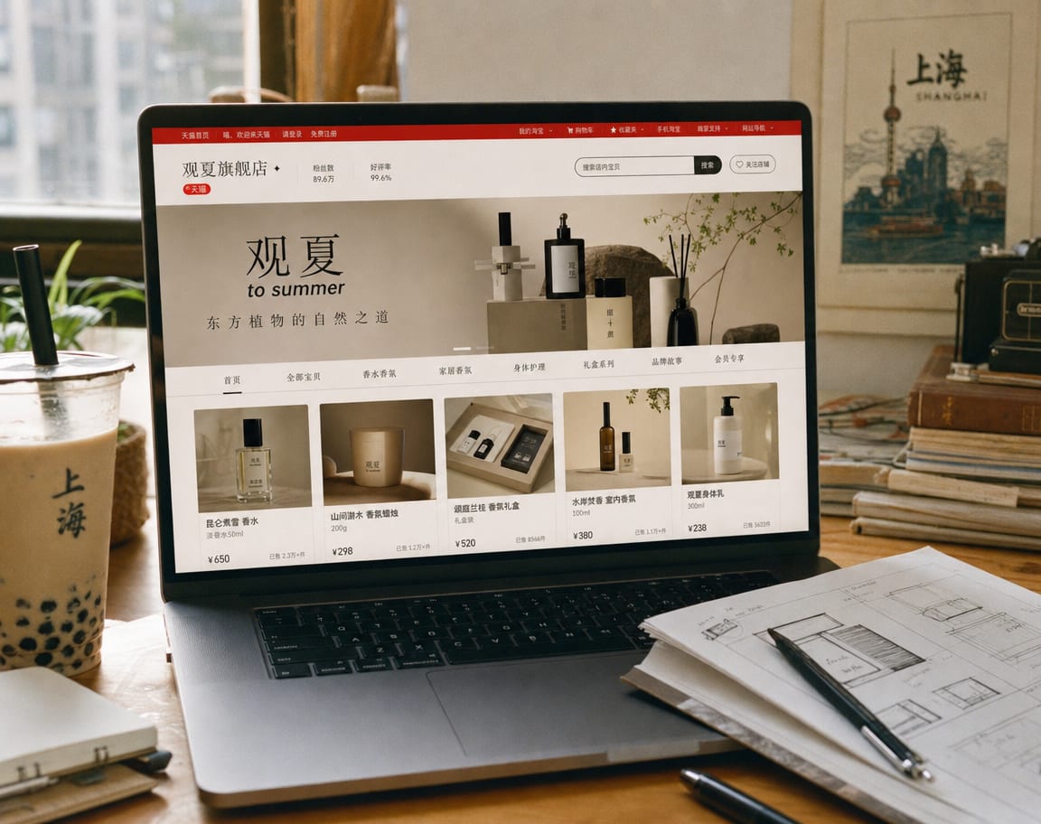 A phone screen showing a JD flagship store homepage, a wide brand banner above a row of category tabs and a grid of shoppable product tiles, the JD app navigation visible at the top of the interface.