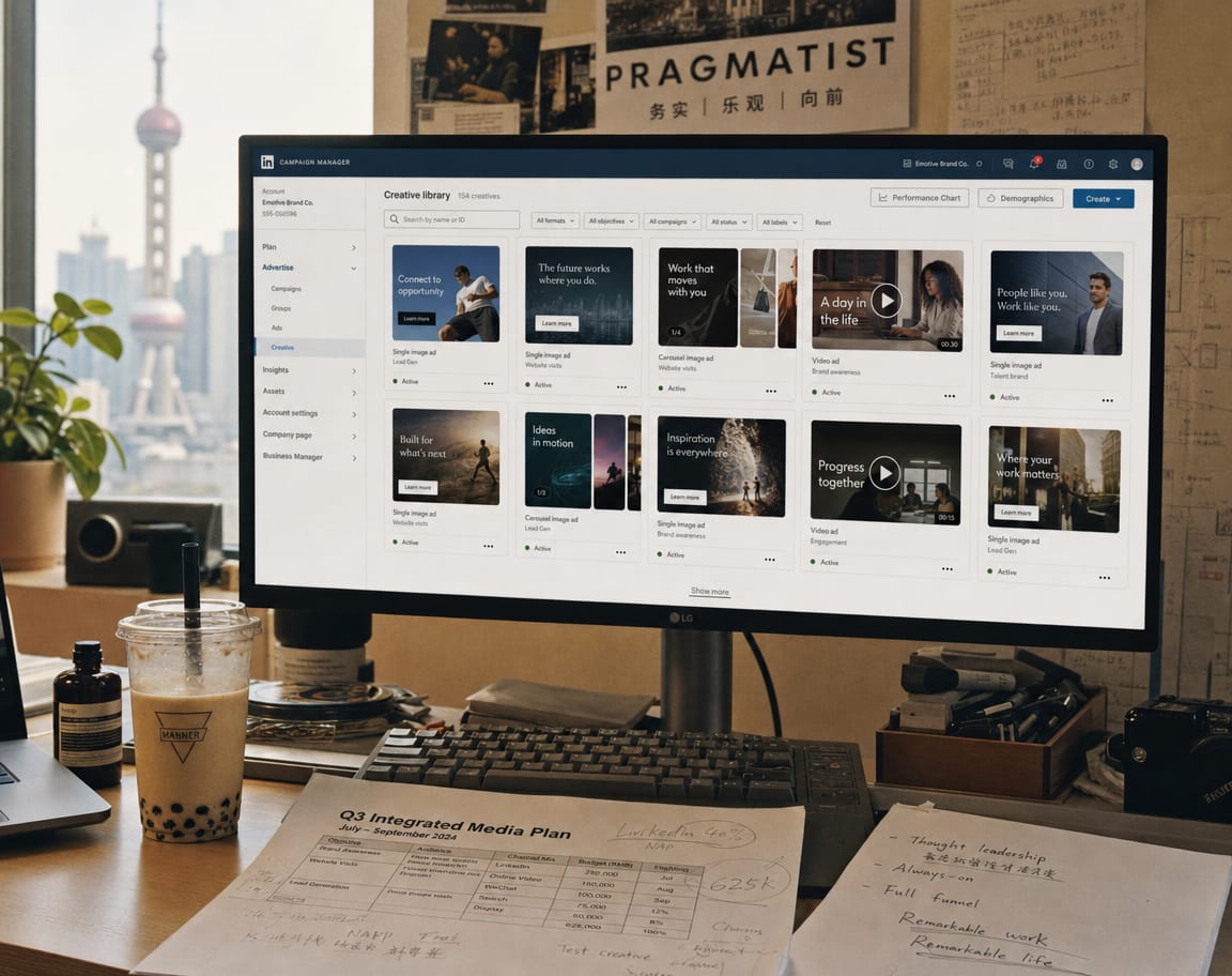 A wide monitor showing the LinkedIn Campaign Manager creative library, a grid of Sponsored Content single-image, carousel and video ad variants lined up in the placement preview panel.