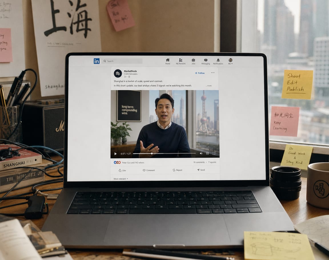 A laptop screen showing a LinkedIn native video post of an AI avatar presenter speaking to camera in business knitwear, captions and the video scrubber visible in the post interface.