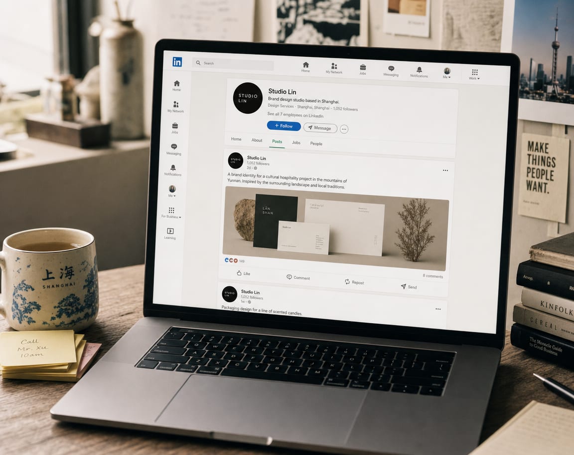 A laptop screen filled with a LinkedIn company-page feed, a brand post with a wide editorial image at the top and the reaction bar beneath, the LinkedIn left-rail navigation visible alongside it.