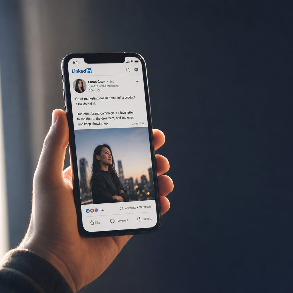A close editorial portrait of a hand holding a phone in warm rim light, the phone screen filled with a LinkedIn feed post including the reaction bar and comment count of the post interface.