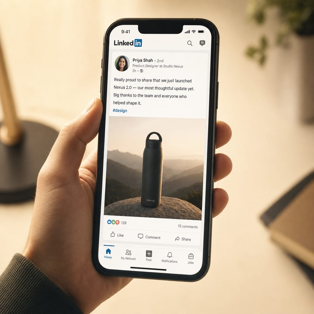 A close cinematic detail of a hand holding a phone vertically against a soft cream background, the screen filled with a LinkedIn feed post including the reaction bar and comment count of the post interface.