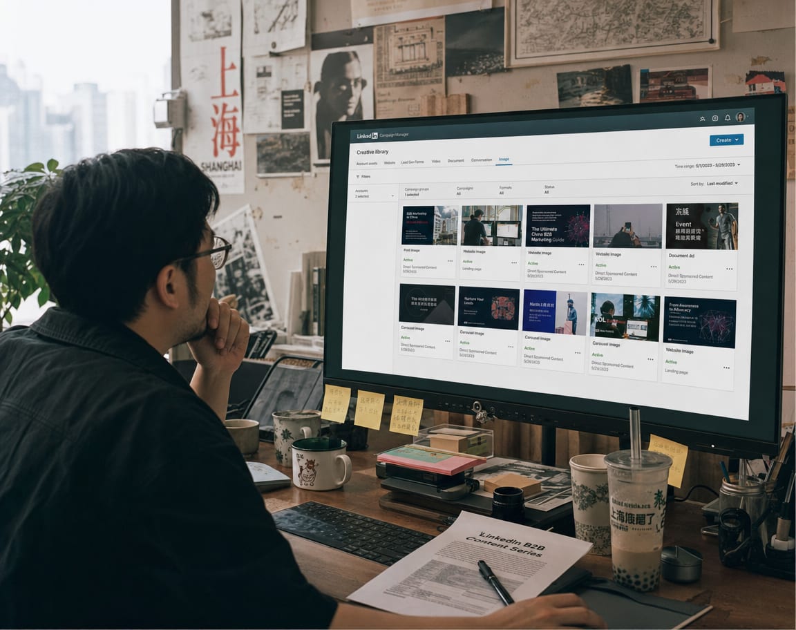 A producer at a wide reference monitor showing the LinkedIn Campaign Manager creative library, four columns of LinkedIn ad and post variants tagged Content, Ads, Thought leadership and Avatar.