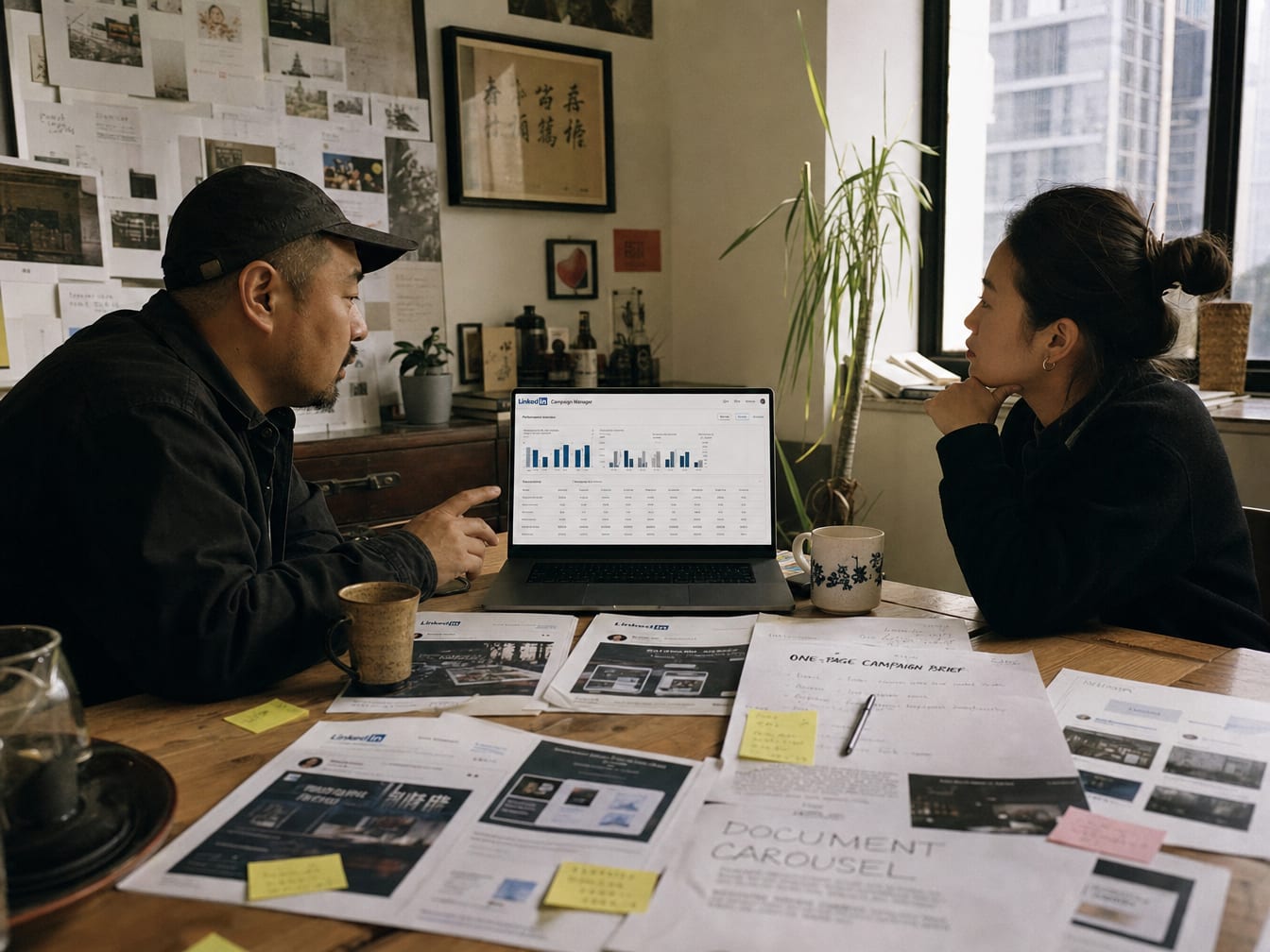A creative director and a brand lead at a studio table, a laptop between them showing the LinkedIn Campaign Manager dashboard alongside printed LinkedIn feed and document carousel screenshots.