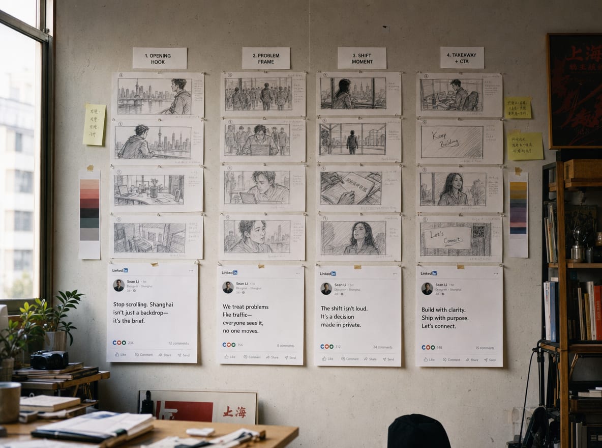 A storyboard wall with four columns of frame sketches labeled Content, Ads, Thought leadership and Avatar, each column anchored by a printed LinkedIn feed post mock.