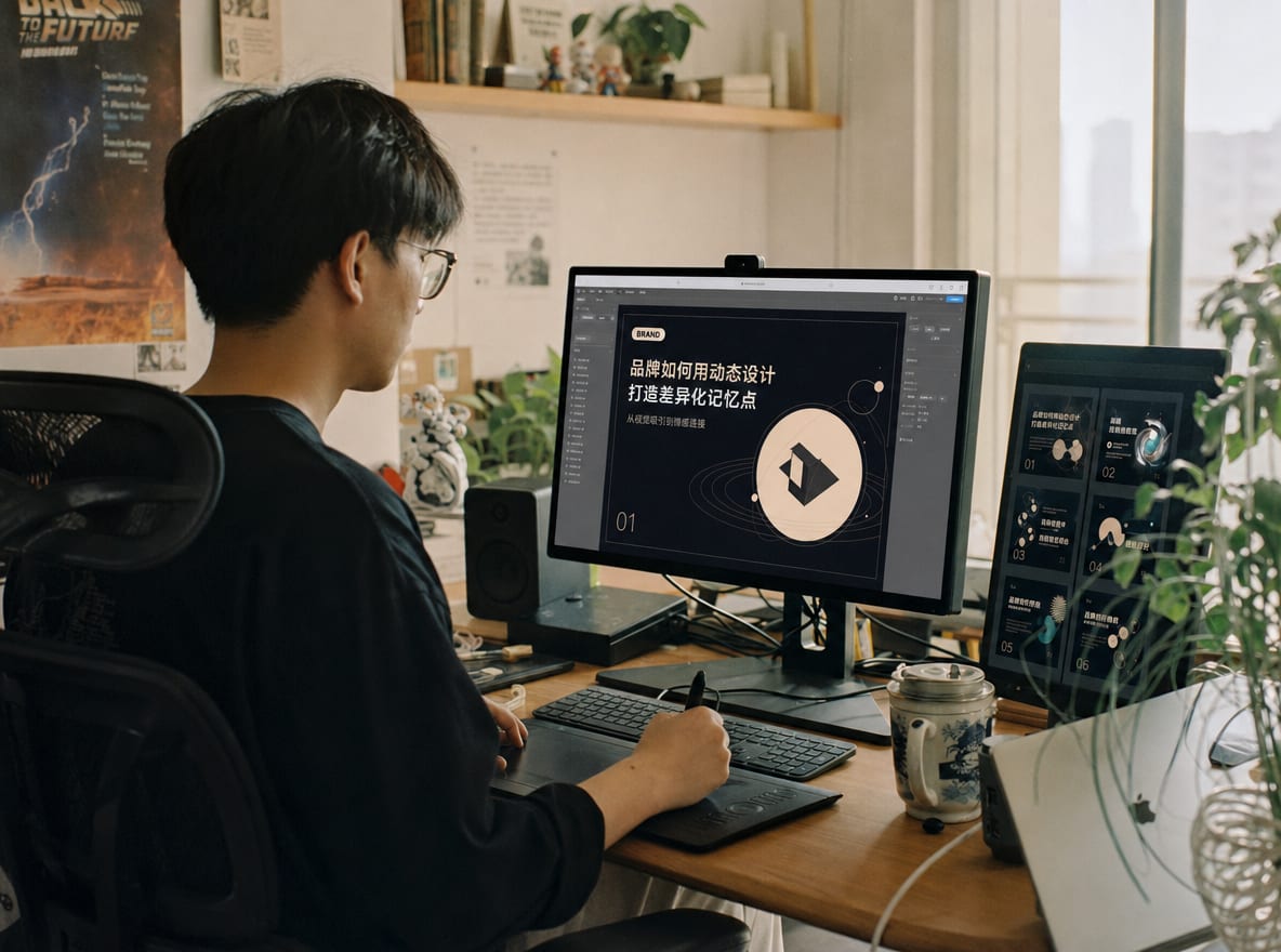 A designer at a calibrated workstation, the main monitor showing a single LinkedIn document carousel page, the side panel showing the LinkedIn Campaign Manager creative library grid of variants.