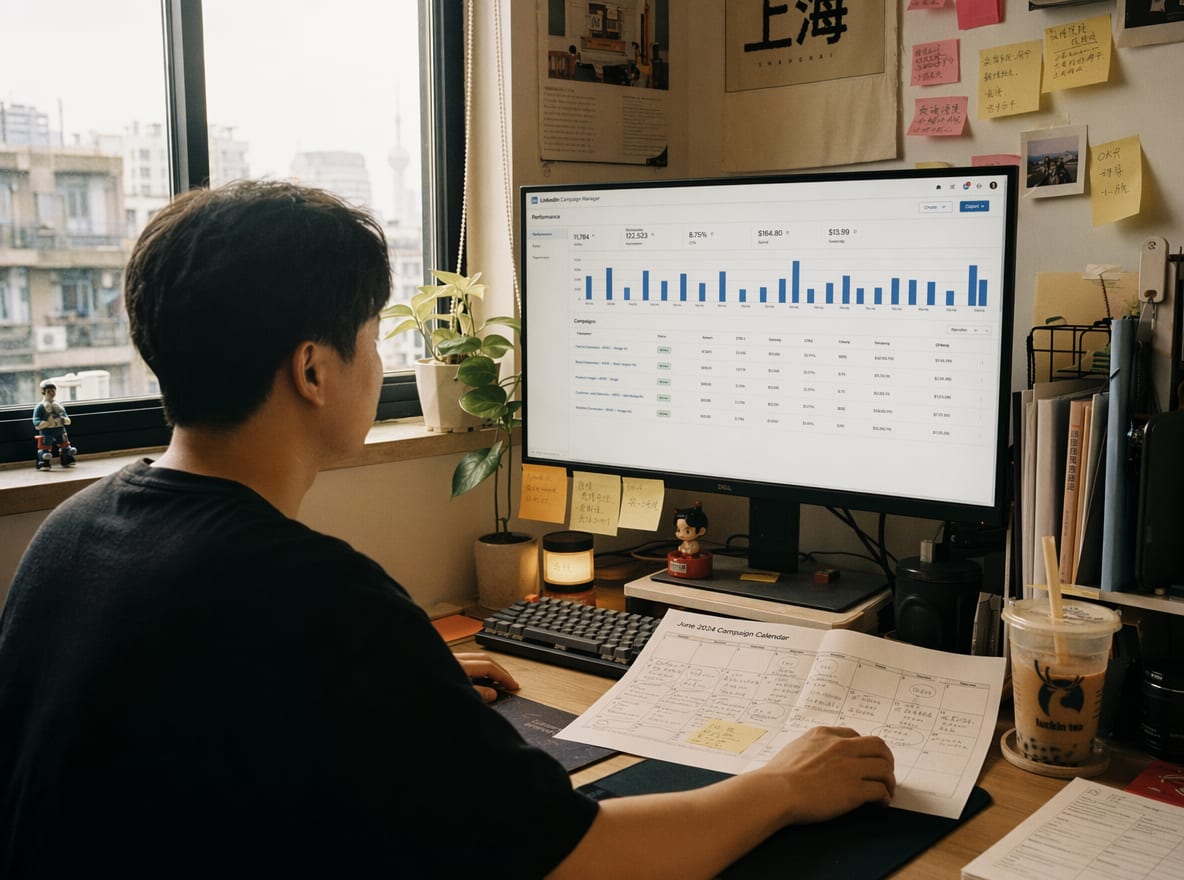 A media buyer at a daylit studio desk, the calibrated monitor showing the LinkedIn Campaign Manager campaign dashboard with Sponsored Content placements live.