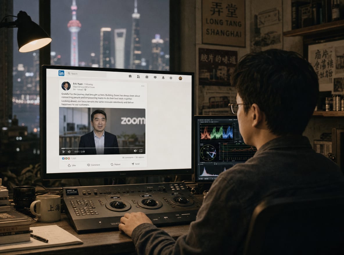 An editor at a calibrated suite, the main reference monitor showing a LinkedIn native video post paused on a presenter frame, the LinkedIn post interface elements visible at the screen edges.