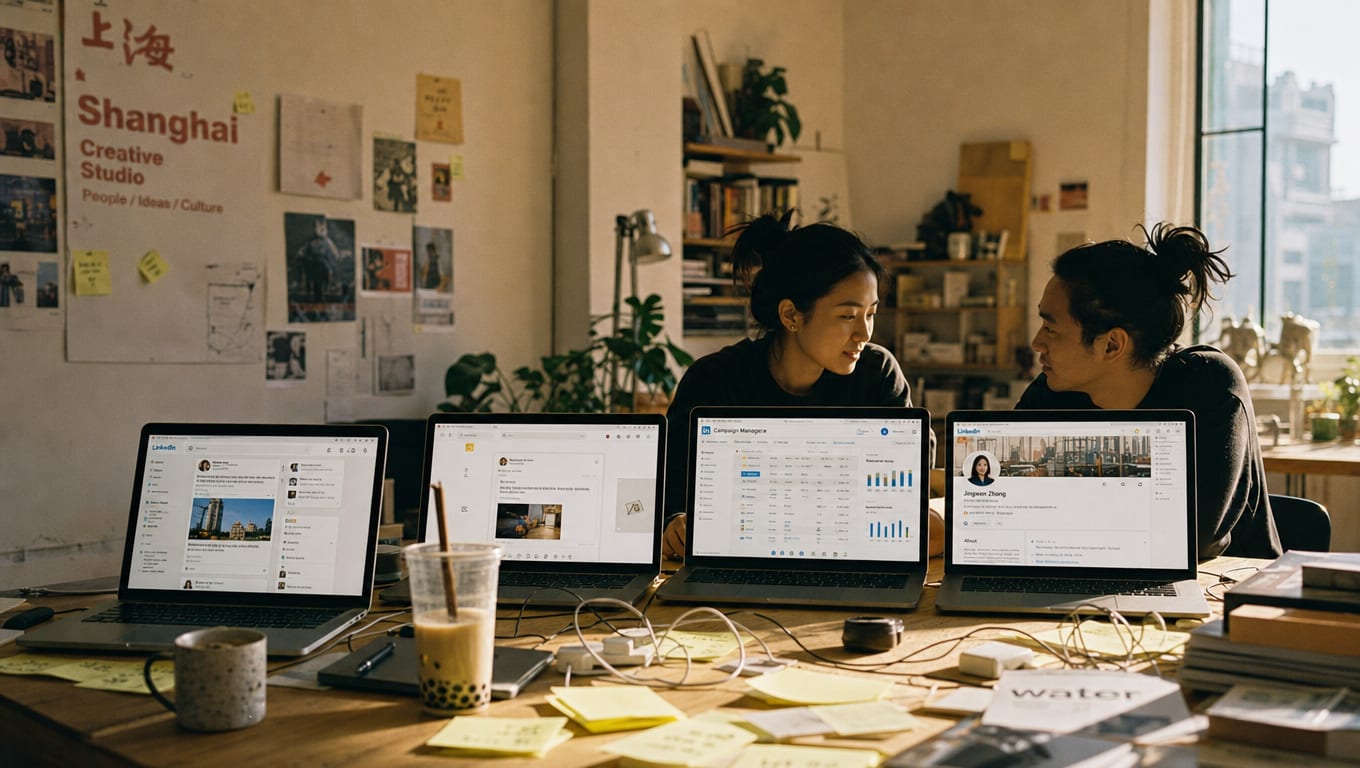A wide editorial shot of two designers at a daylit studio table, four laptop screens lined up showing the LinkedIn company-page feed, a LinkedIn document carousel, the LinkedIn Campaign Manager creative library and a LinkedIn personal-profile post, one per service lane.
