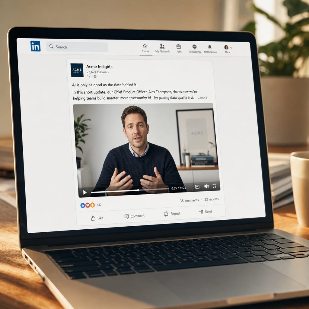 A laptop screen showing a LinkedIn native video post of an AI avatar presenter speaking to camera in business knitwear, the video scrubber and reaction bar visible in the post interface.