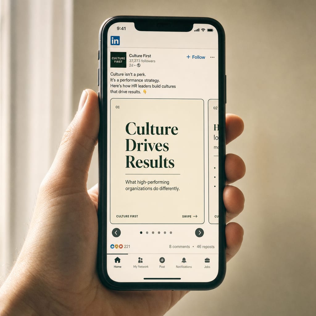 A phone held vertically showing a LinkedIn document carousel paused mid-swipe, the page-dot indicator and swipe arrows visible along the bottom of the post.