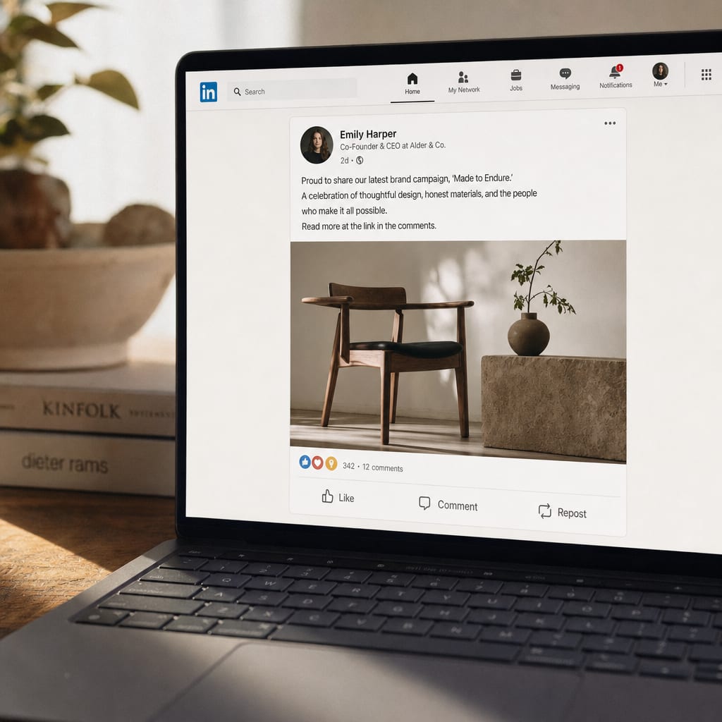 A laptop screen filled with a LinkedIn Feed post, a wide editorial brand image above the post body, the like, celebrate, comment and repost reaction bar visible beneath it.