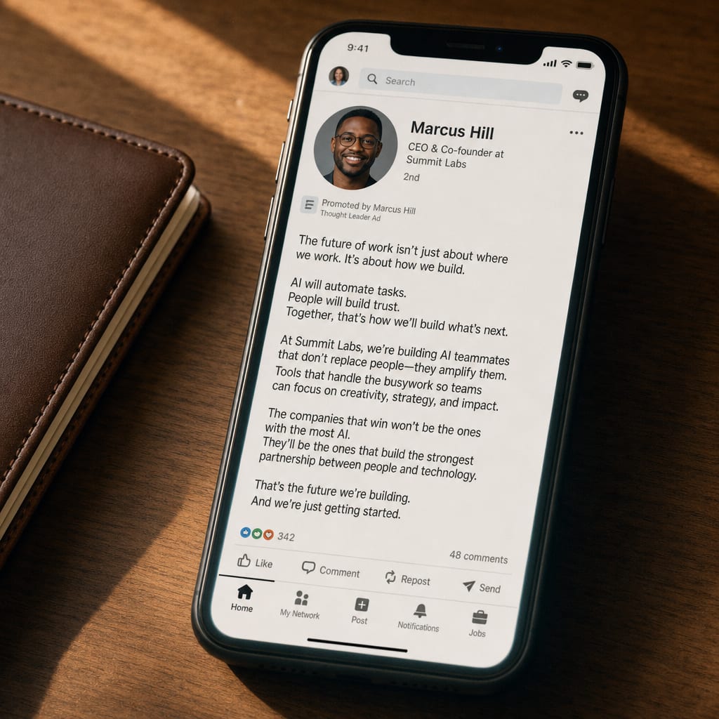 A phone screen showing a LinkedIn feed post boosted as a Thought Leader Ad, a head-and-shoulders profile photo with the author name and the Promoted by label above the post body.