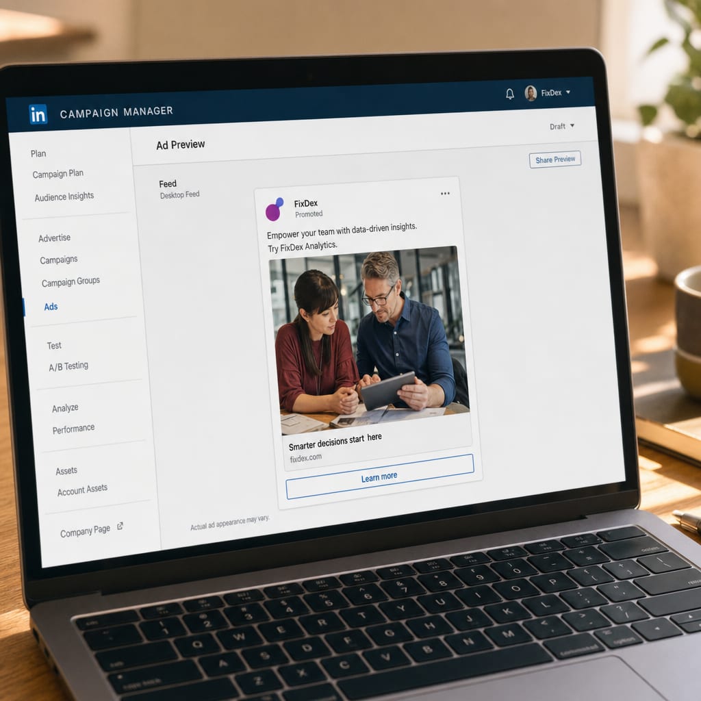 A laptop screen showing the LinkedIn Campaign Manager preview panel, a single-image Sponsored Content ad with the Promoted label and a call-to-action button in the placement frame.