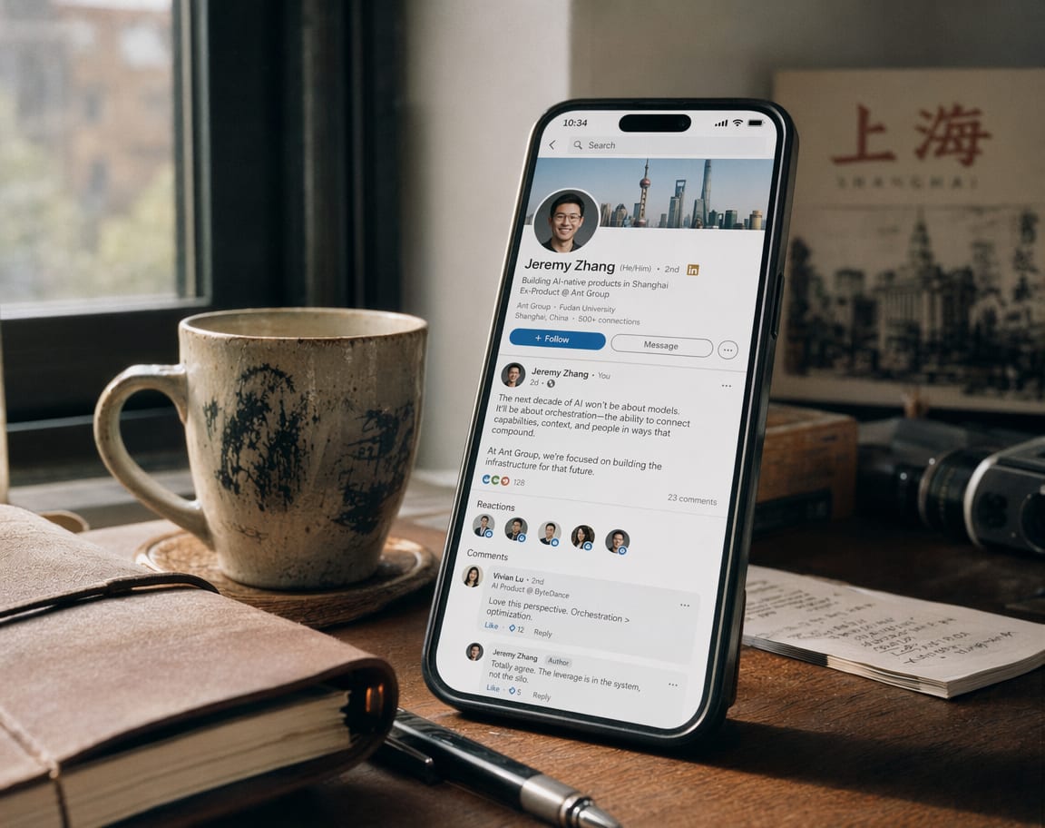 A phone screen showing a LinkedIn personal-profile feed, a long-form text post under a head-and-shoulders profile photo, the reaction count and comment thread visible below the post.