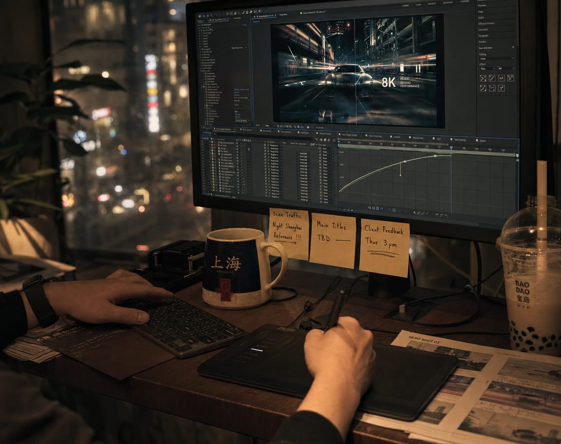 Close-up of a motion designer's hands at a pen tablet, keyframing a hero shot in a dim studio under the warm glow of the monitor.