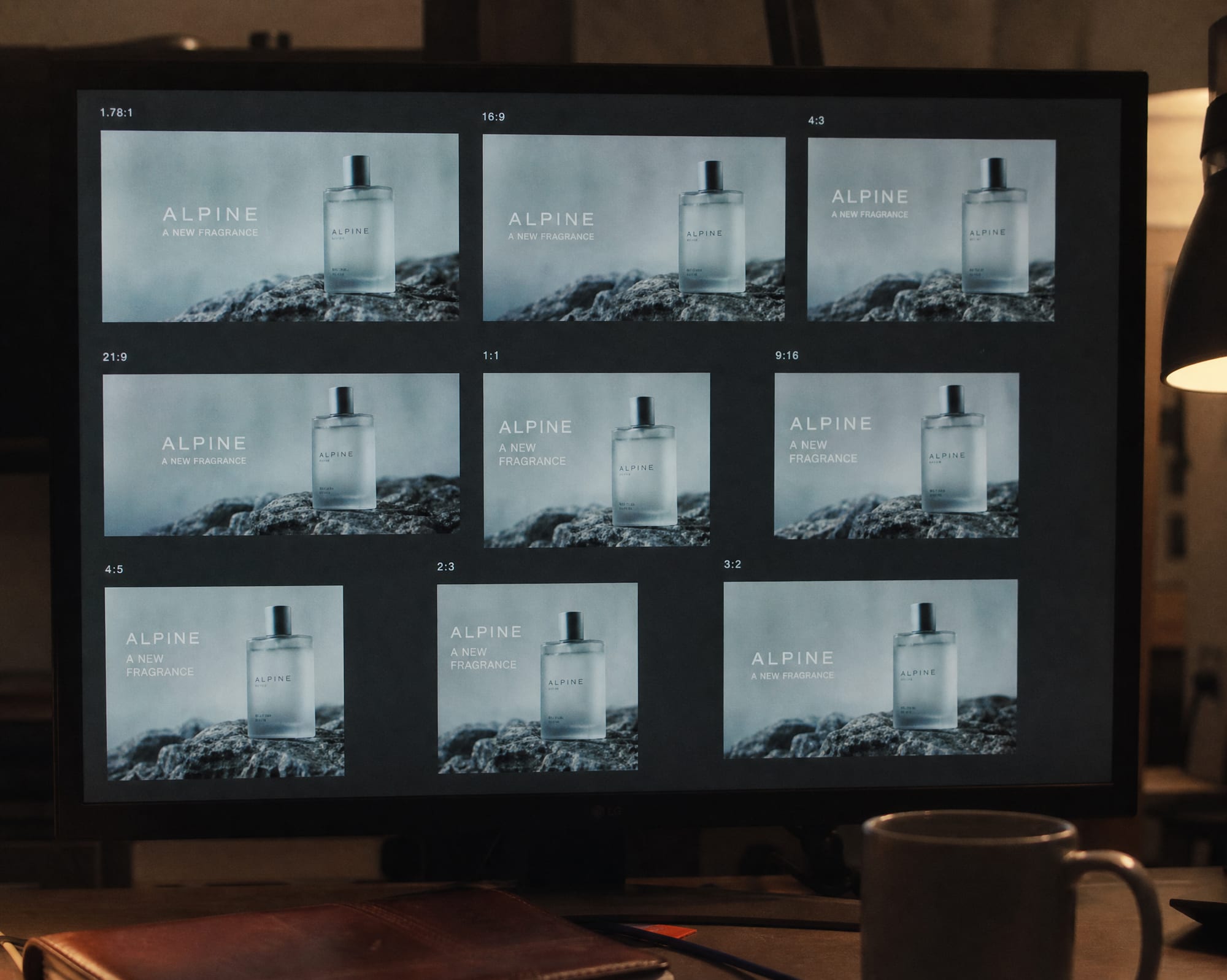 A secondary monitor in the same studio, showing a grid of nine variant motion thumbnails cut to different aspect ratios.