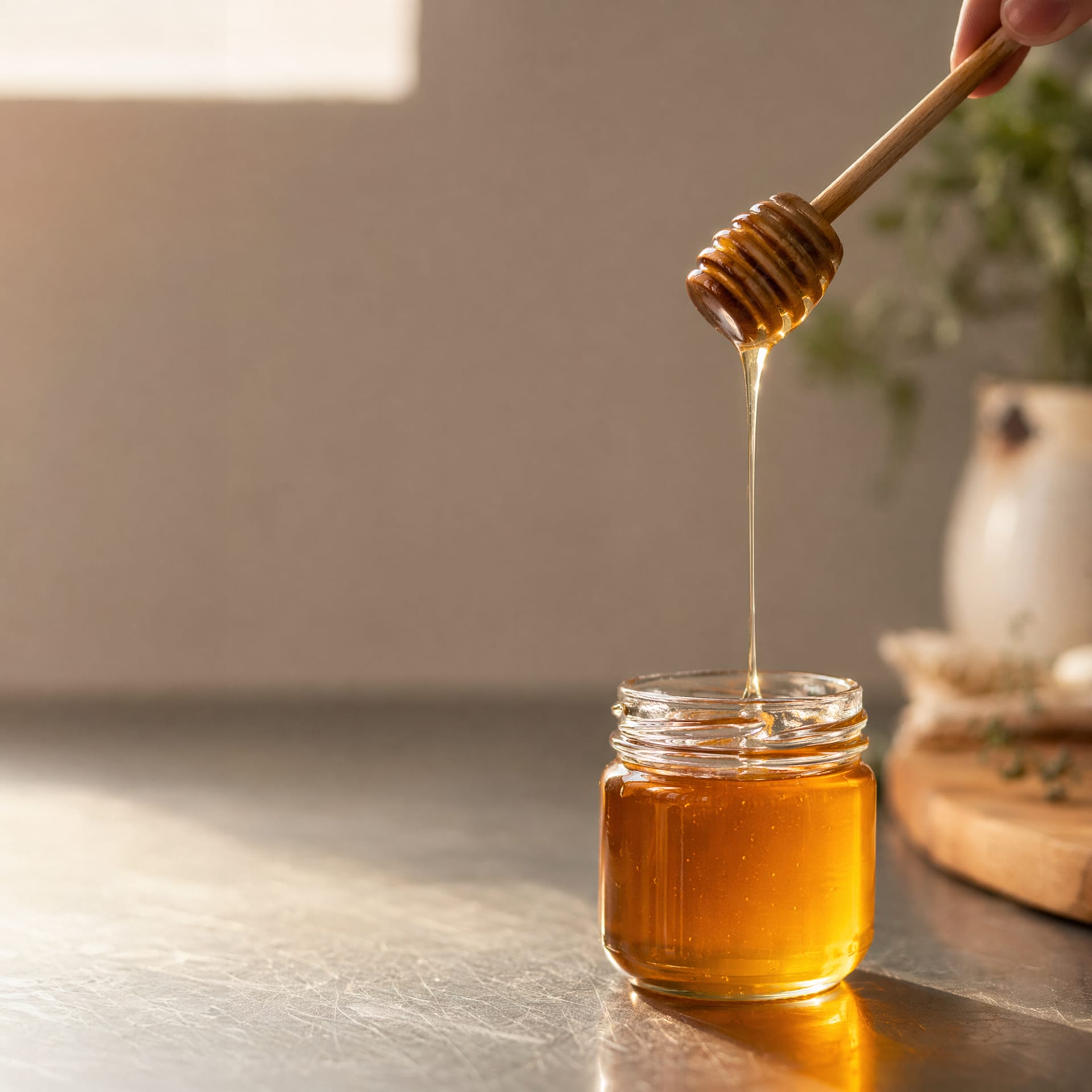 Hero frame from the Nordel honey explainer, a craft glass jar on brushed steel with a strand of honey caught mid-drizzle.