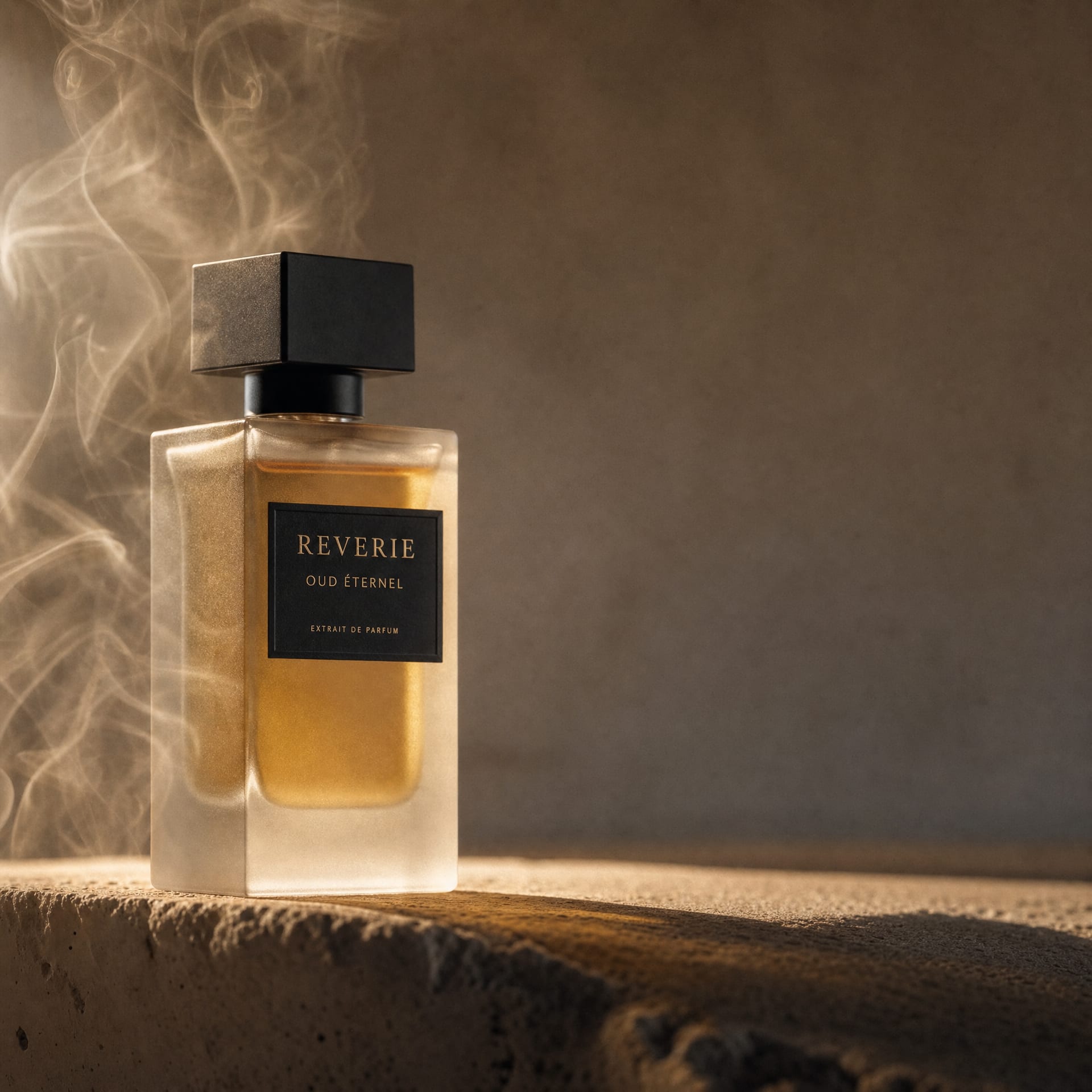 A frosted glass fragrance bottle wrapped in drifting incense smoke under a warm sidelight.