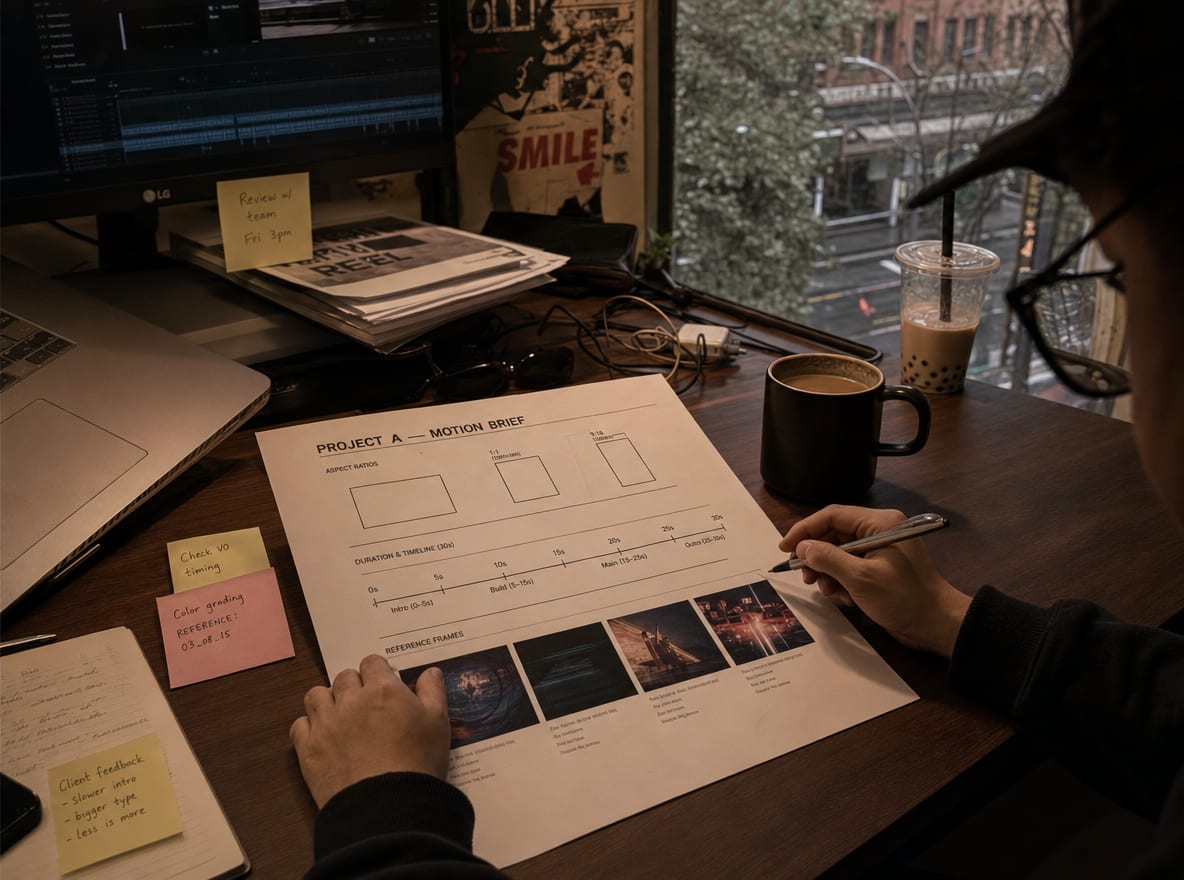 A printed motion brief sheet on a wood worktable with aspect ratio diagrams, duration timelines, a coffee cup and reference frames.
