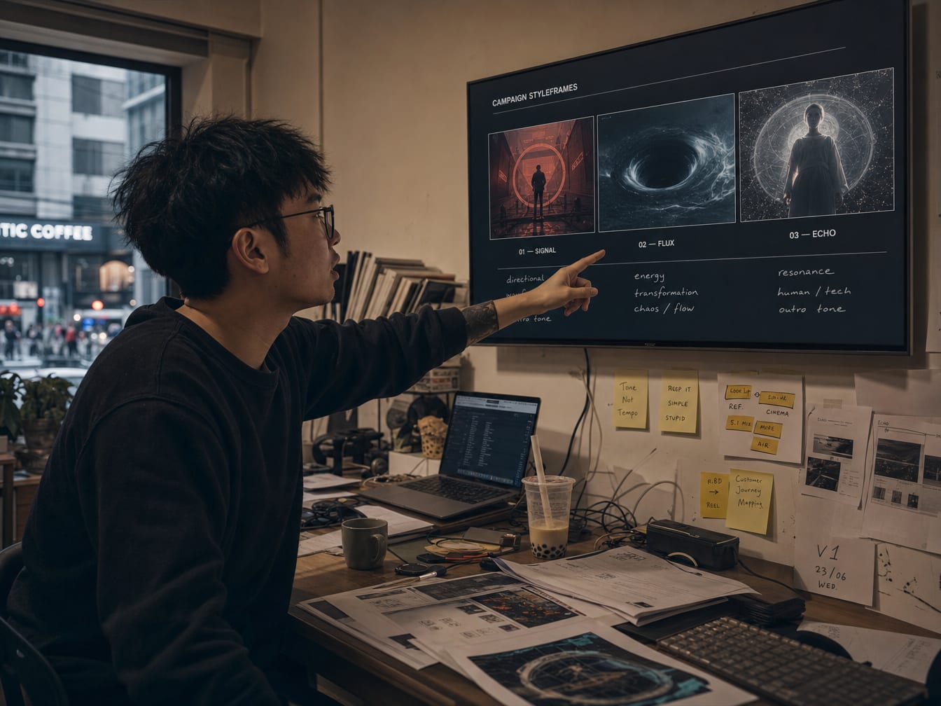 A motion designer in profile gesturing at a wall-mounted screen showing three campaign styleframes in a row.