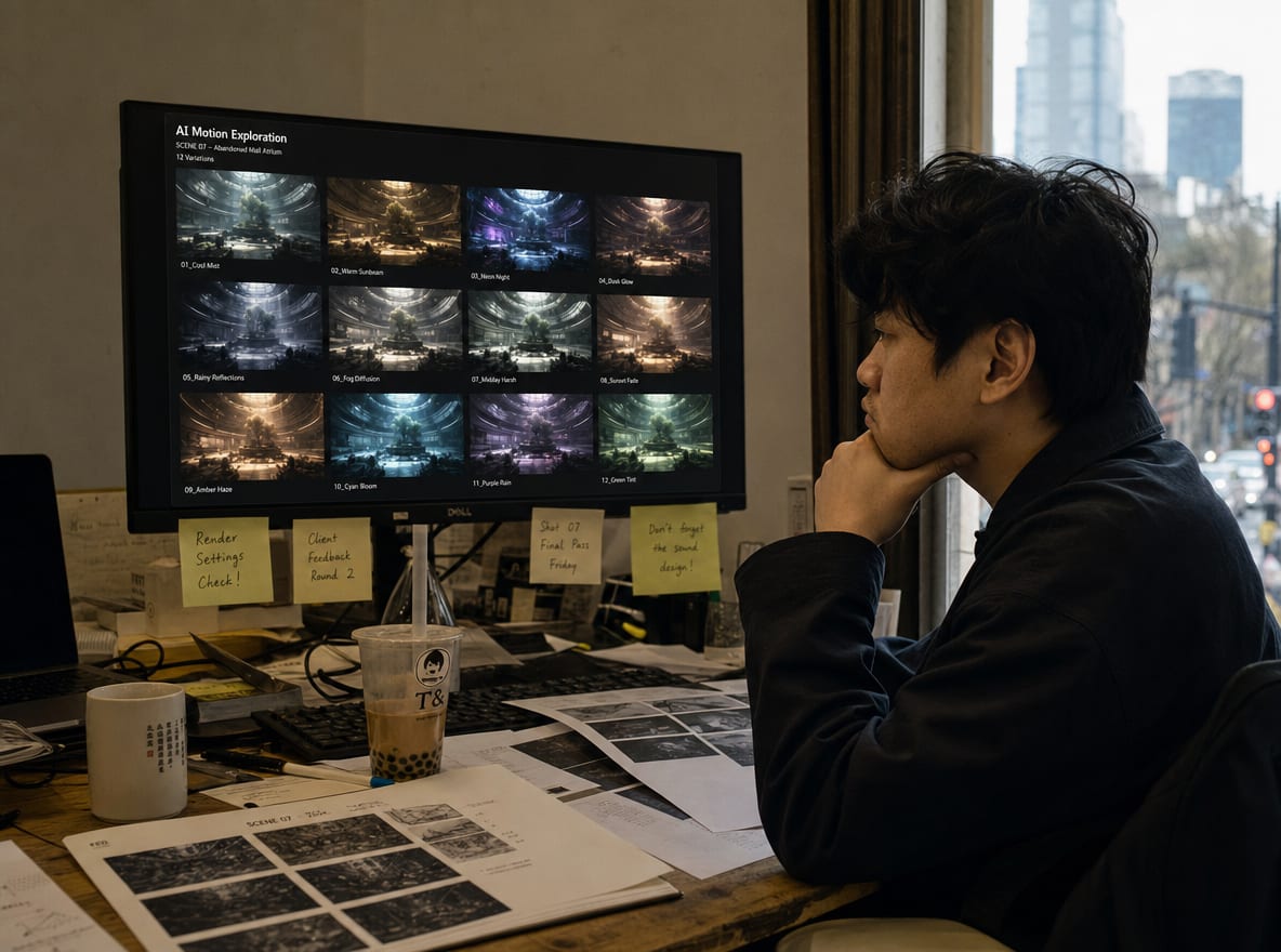 A studio monitor showing a clean grid of twelve AI motion exploration thumbnails, each a colour and lighting variation of the same scene.