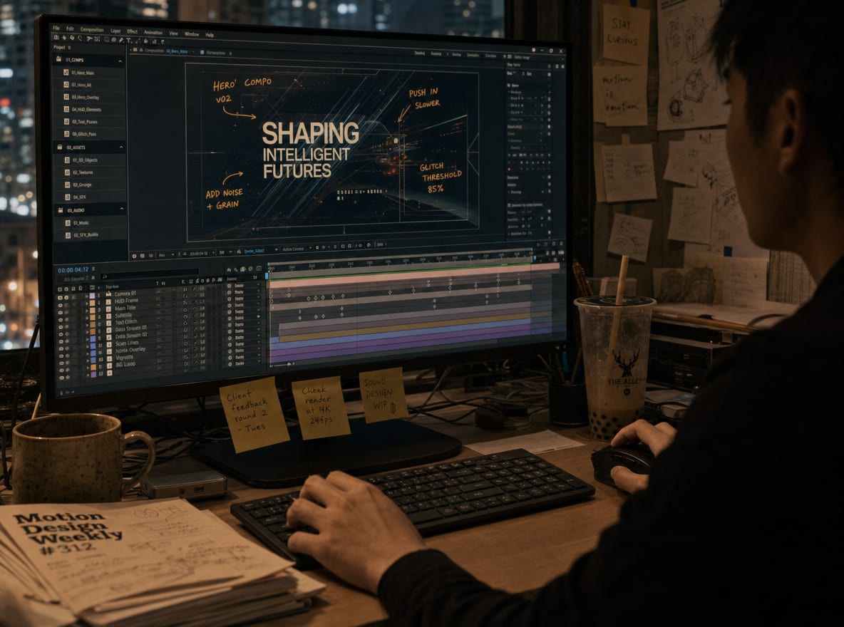 A close detail of a motion software timeline on a large monitor in a dark studio, with the hero composition frame visible above the keyframed tracks.