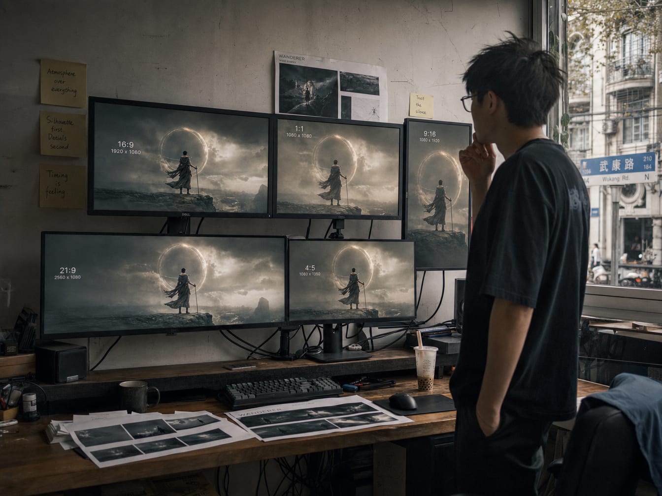 A studio wall of five monitors at different aspect ratios, each showing the same hero scene adapted to fit.