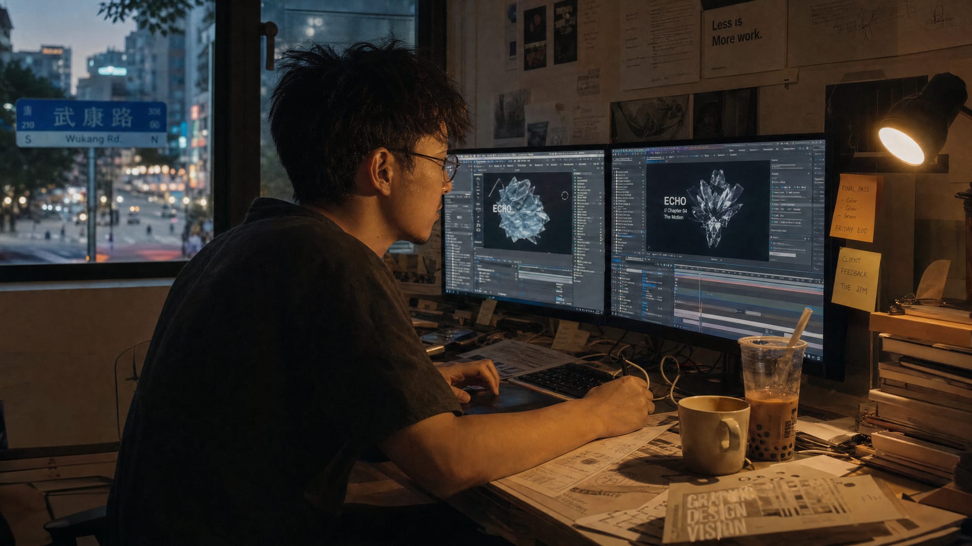 A motion designer at a dim studio workstation, dual monitors glowing with motion frames in progress under a single warm desk lamp.