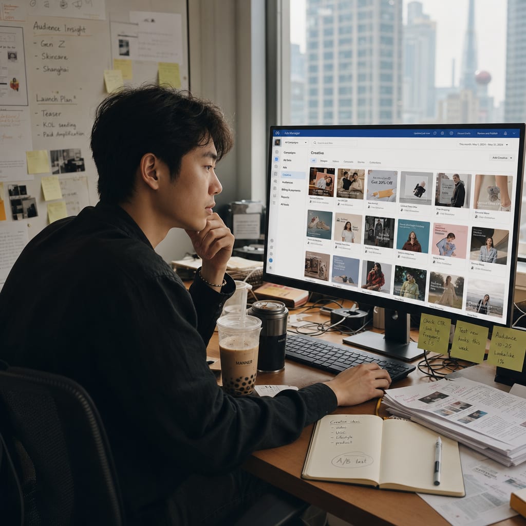A wide monitor showing the Meta Ads Manager creative library, a grid of Instagram Reels and Facebook Feed ad variants lined up in the placement preview panel.