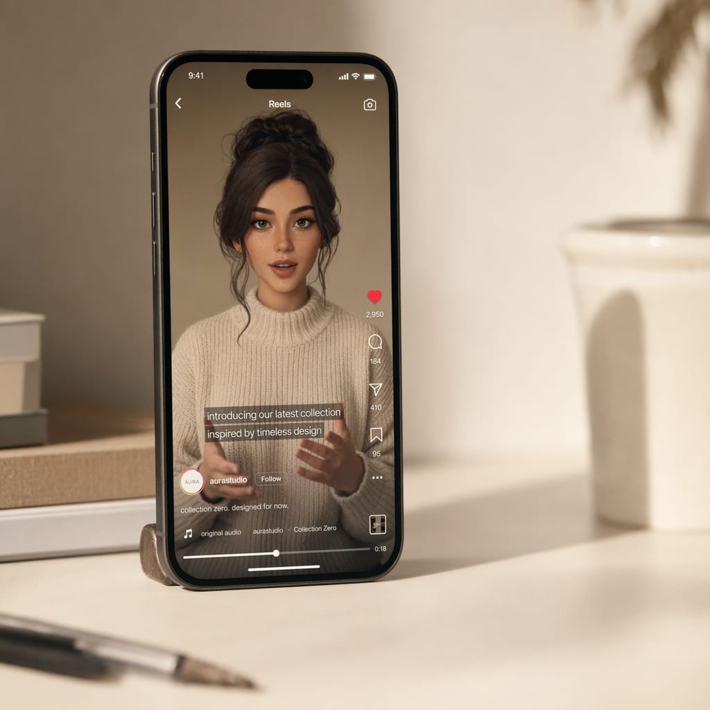 A phone screen showing an Instagram Reels frame of an AI avatar presenter speaking to camera, captions and the music label visible in the Reels interface.
