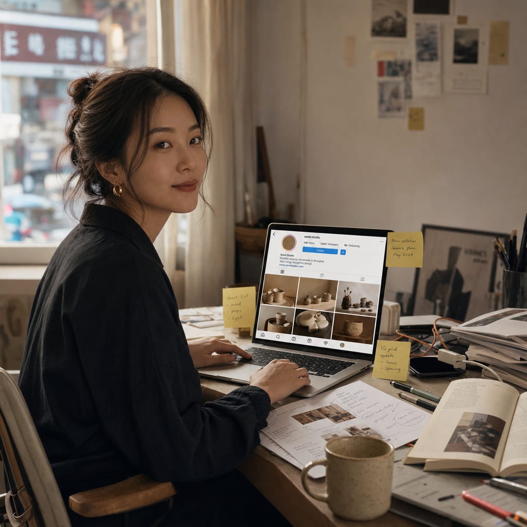 A phone held in both hands, the screen filled with an Instagram Feed of a brand grid in warm editorial tones, the bottom navigation bar of the Instagram app visible.
