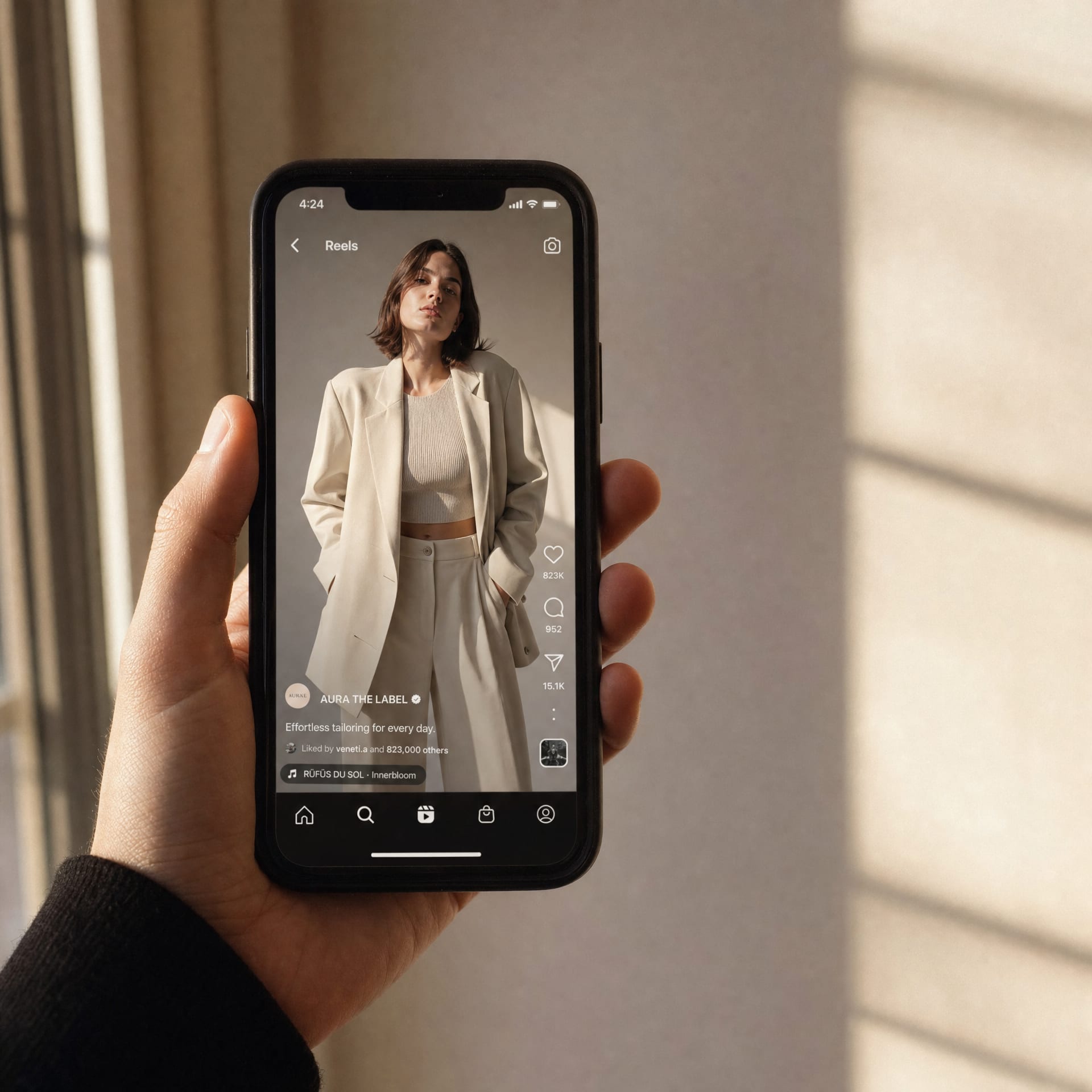 A hand holding a phone in warm rim light showing a paused Instagram Reels frame.