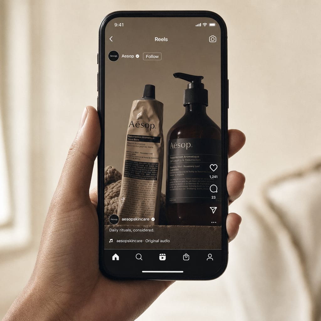 A close cinematic detail of a hand holding a phone vertically against a soft cream background, the screen filled with an Instagram Reels frame including the side rail and bottom navigation of the Reels interface.