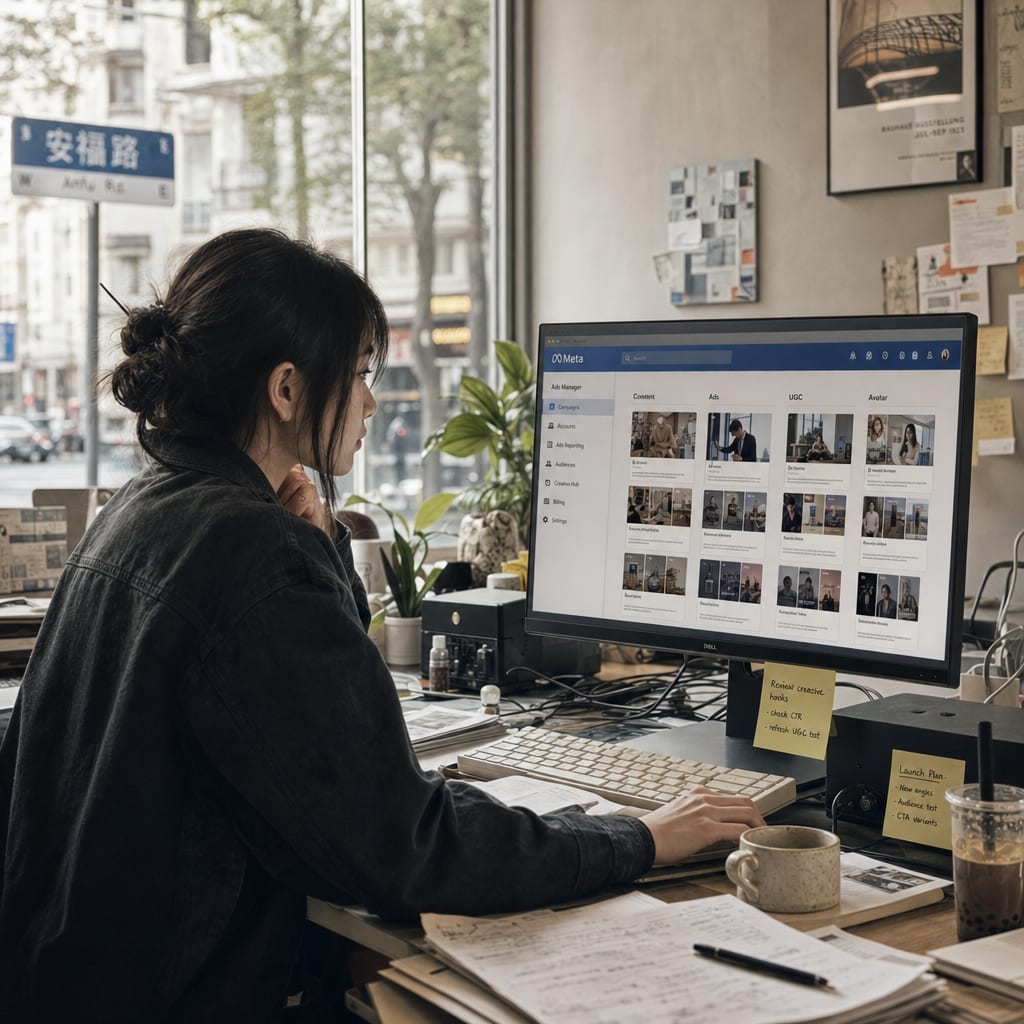 A producer at a wide reference monitor showing the Meta Ads Manager creative library, four columns of Instagram and Facebook ad variants tagged Content, Ads, UGC and Avatar.