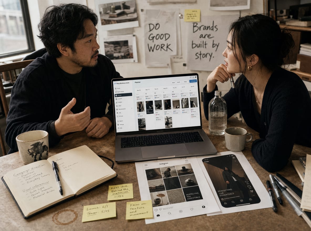 A creative director and a brand lead at a studio table, a laptop between them showing the Meta Business Suite planner alongside printed Instagram Feed and Reels screenshots.