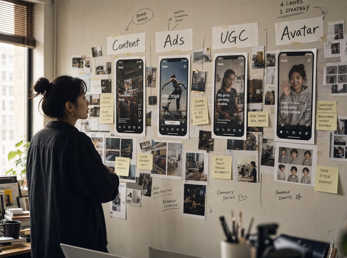 A storyboard wall with four columns of frame sketches labeled Content, Ads, UGC and Avatar, each column anchored by a printed Instagram Reels phone mock.