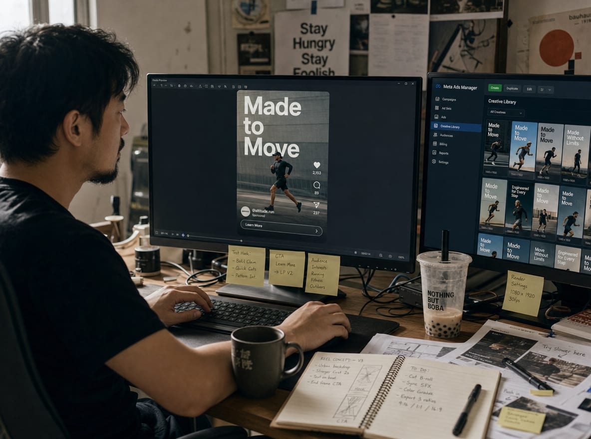 A motion designer at a calibrated workstation, the main monitor showing a single Instagram Reels hero frame, the side panel showing the Meta Ads Manager creative library grid of variants.