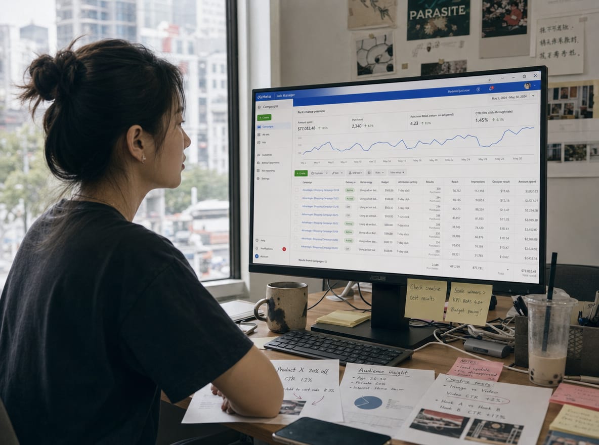 A media buyer at a daylit studio desk, the calibrated monitor showing the Meta Ads Manager campaign dashboard with Advantage+ Shopping placements live.