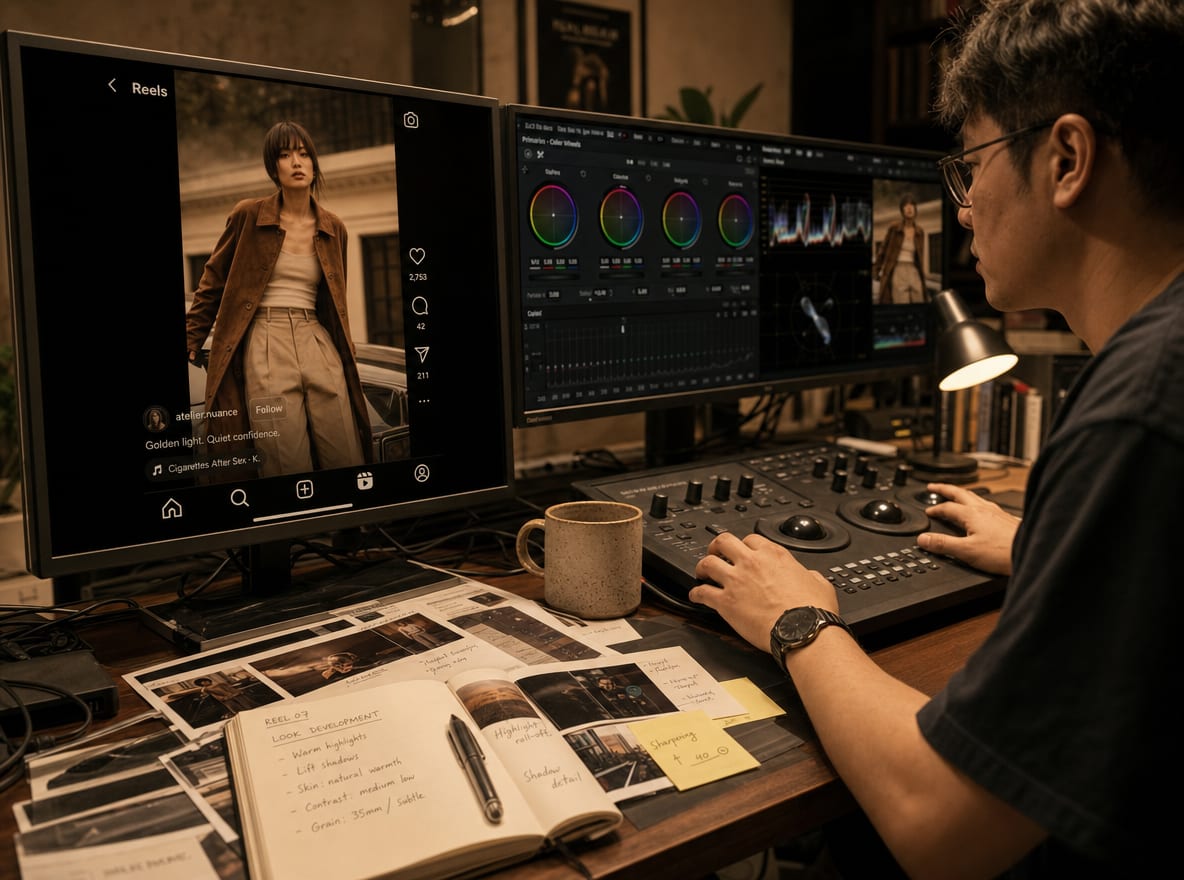 A colorist at a calibrated grading suite, the main reference monitor showing a warm Instagram Reels frame paused on a fashion still, the Reels interface elements visible at the screen edges.