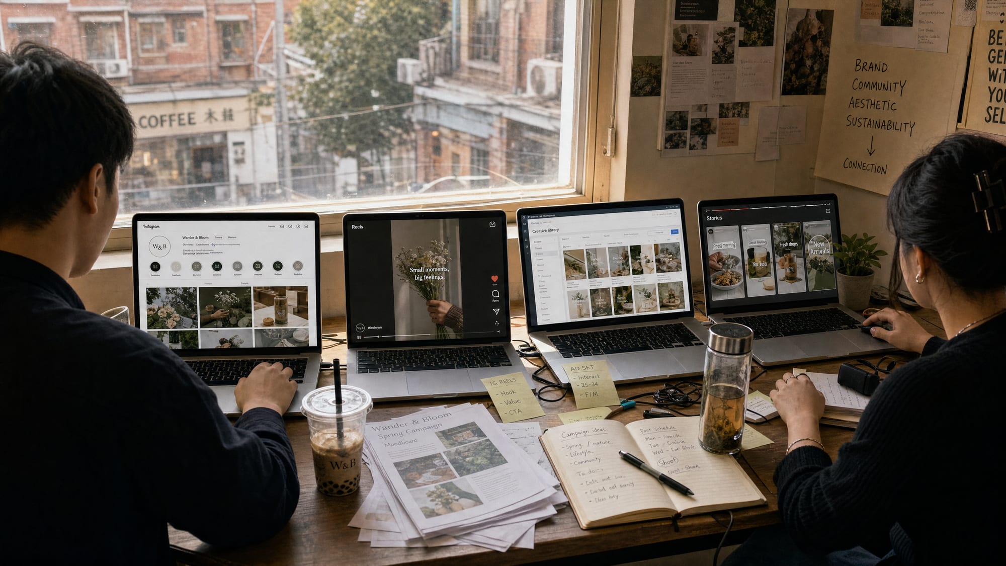 A wide editorial shot of two designers at a daylit studio table, four laptop screens lined up showing the Instagram Feed, an Instagram Reels frame, the Meta Ads Manager creative library and an Instagram Stories sequence, one per service lane.