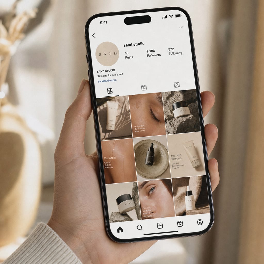 A vertical phone held in soft window light, the screen filled with an Instagram Feed grid of nine skincare frames in warm sand and ceramic tones.
