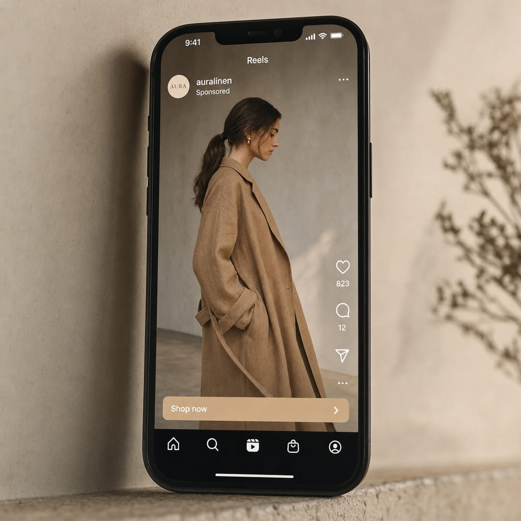 A phone screen showing a paused Instagram Reels frame of a model in a camel linen coat, the sponsored label and call-to-action button visible in the lower interface.