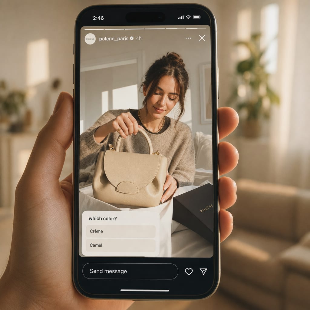 A phone held vertically, the screen displaying an Instagram Stories frame of a creator unboxing a cream leather handbag, the poll sticker visible at the bottom of the interface.