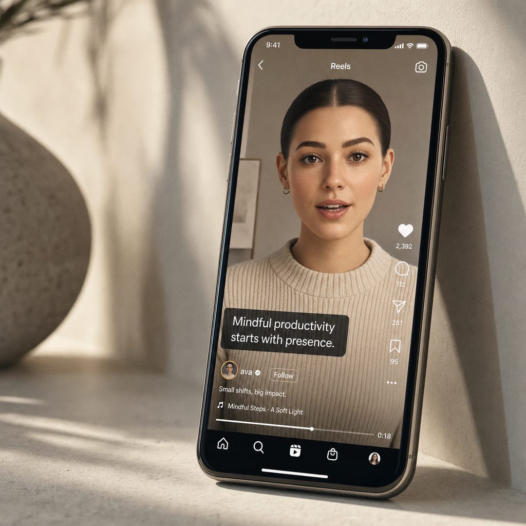 A phone screen showing an Instagram Reels frame of an AI avatar spokesperson speaking to camera in neutral knitwear, captions and the like-comment-share rail visible in the interface.