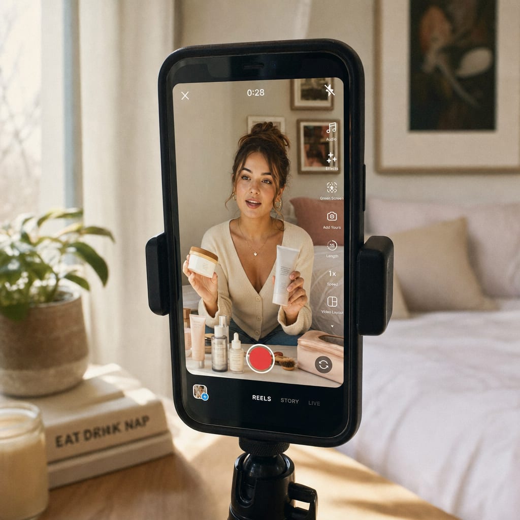 A phone screen showing an Instagram Reels frame of a creator filming a haul in a sunlit bedroom, the vertical Reels interface with caption overlay and like-share rail visible.